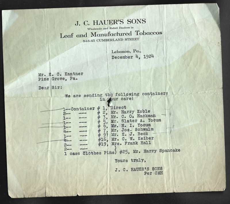 1924 Lebanon, PA - J. C. Hauer's Sons Leaf and Manufactured Tobaccos Invoice
