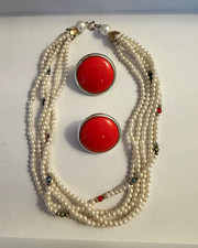 Multi-Strand Faux Pearl Bead Necklace & Red Round Clip Earrings Jewelry Set
