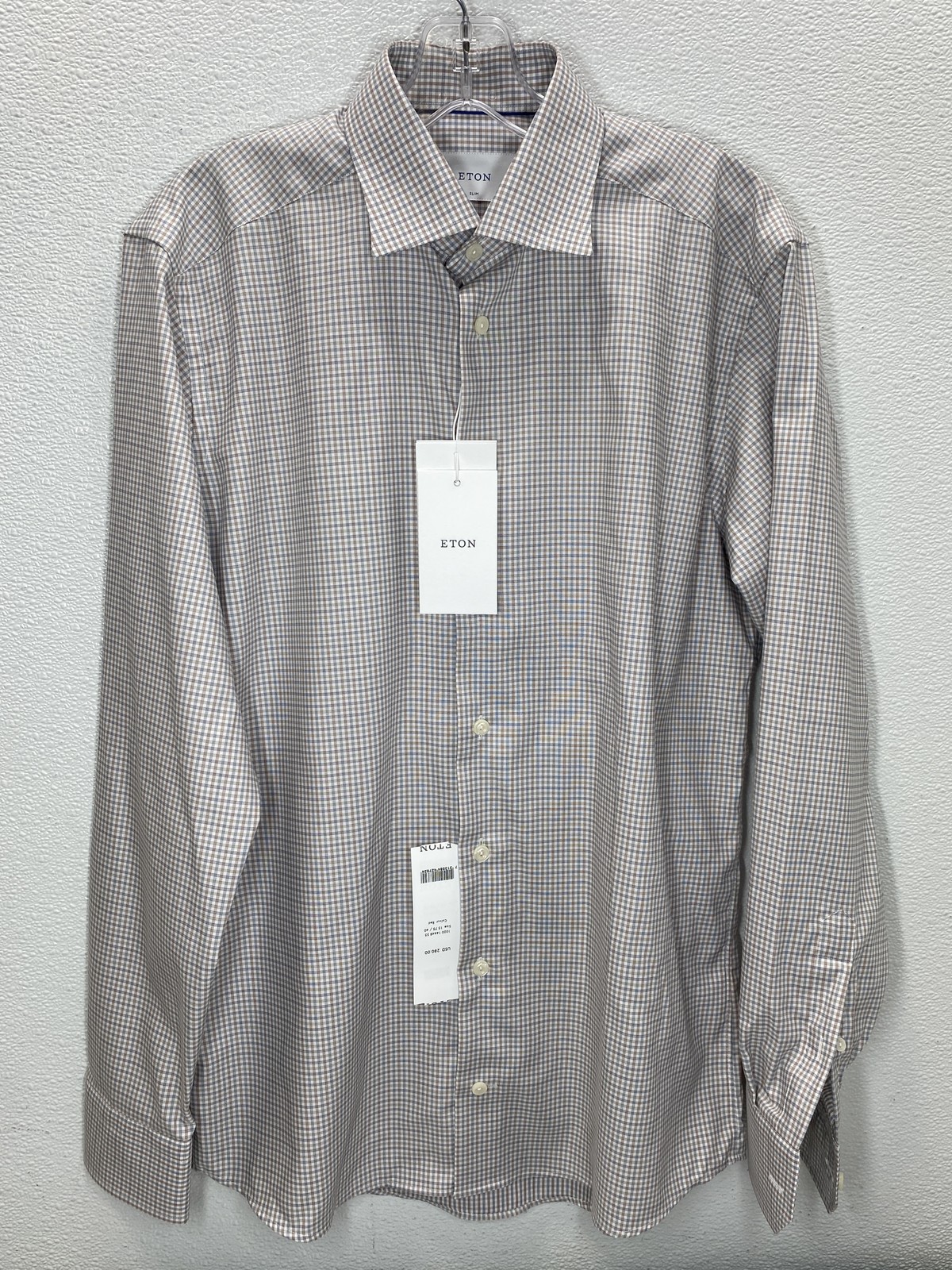 Eton Mens Micro Check Shirt Red Size 15 3/4 Cut Away Collar Single Cuff Cotton