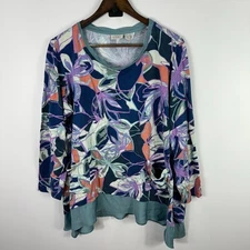 LOGO Lori Goldstein Top XL Multicolor Floral Print Tunic Boho Layered Hem Artsy