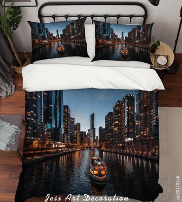 3D Boat River City Night Scene Quilt Cover Set Bedding Sets Pillowcases Queen