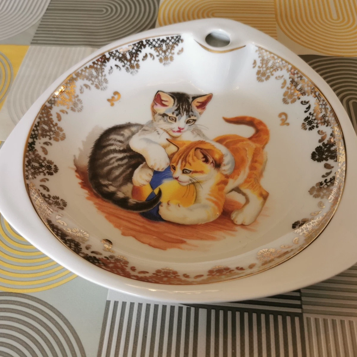 Vintage Porcelaine Assiette Chauffante Bébé Enfant France Doré or Fin décor  chat