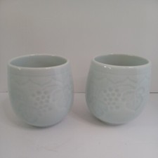 2 Celedon Teacup /Sake Embossed Leaves Grapes Signed 
