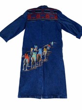 Feather Fancies Hand Painted Denim Duster Coat Jacket Indian Art Blue Jean Sz M