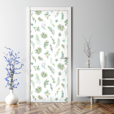 Watercolour green leaves Bubble Free leaf Door Decal hand painted self adhesive