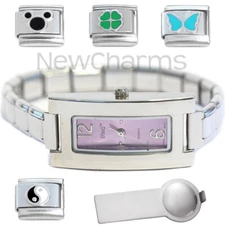 Lavender Rectangle Italian Charm Watch Bracelet Plus Tool & Enamel Charms