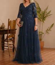 Lace Appliques V-neck Mom Of The Bride Dresses 3/4 Sleeve For Weddings Glitter