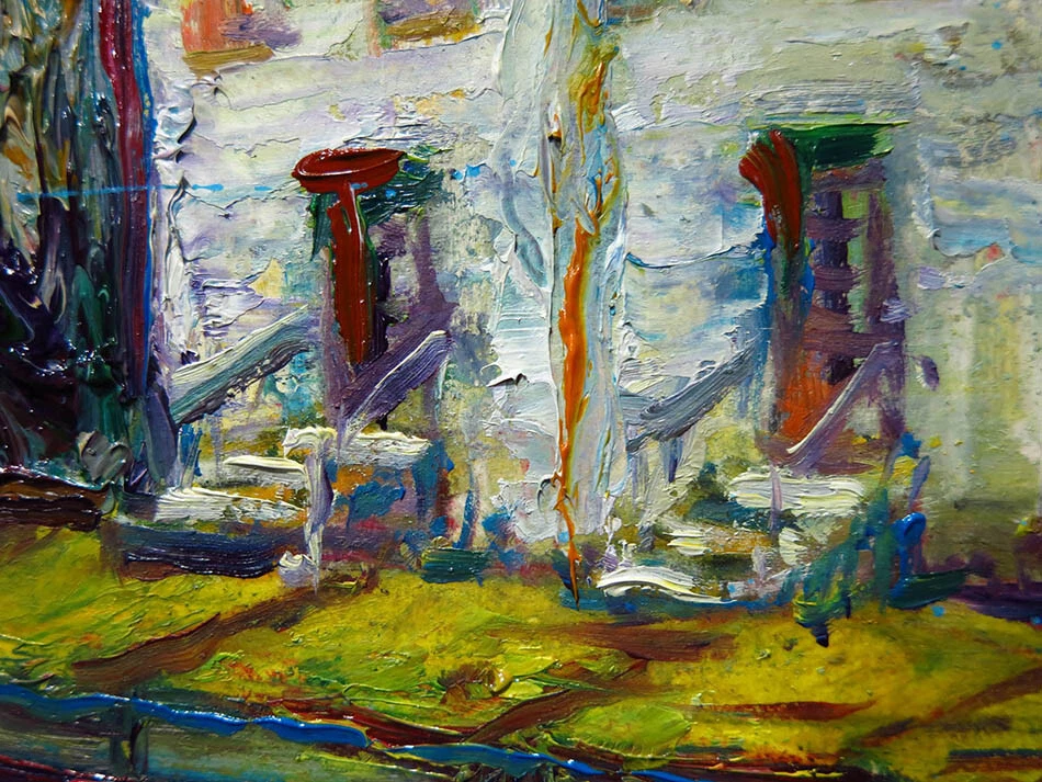 ABSTRACT IMPASTO LANDSCAPE DECO ORIGINAL OIL PAINTING ART SIGNED CITY NYC NEW AN - Image 4 of 4