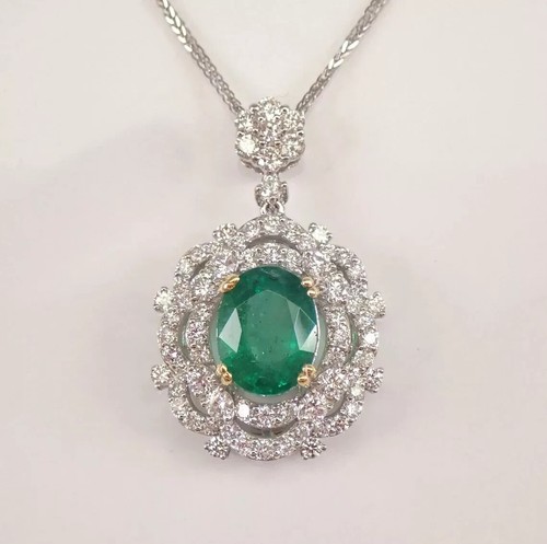 2.60 Ct Oval Cut Lab Created Emerald Halo Wedding Pendant 14K White Gold Plated