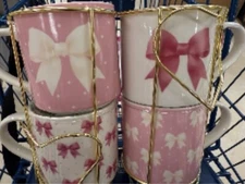 CUTE! 🎀 Stackable Bow Coffee Mugs Tea Cup With Wire Rack Set Of 4