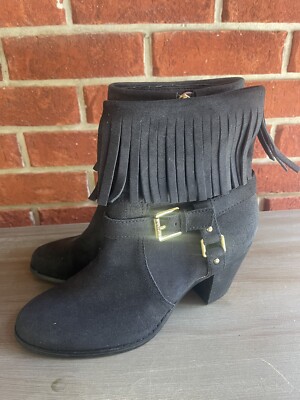 RALPH LAUREN Mara Black Oiled Suede Fringe Ankle Boot Gold Hardware sz 9