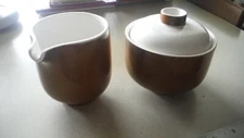 Premiere Colorama D 7800, Brown and White Creamer and lidded sugar dish, EUC