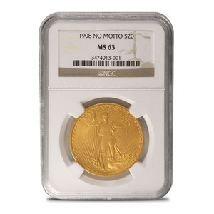 1908 Pre-33 $20 Saint Gaudens Gold Double Eagle Coin "No Motto" NGC MS63