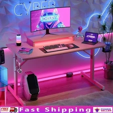 Gaming Desk W/ LED Lights Monitor Stand Adjustable Feet Cup Holder Hooks Gamers