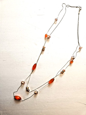 2 Strand Silvertone Necklace Orange Cats Eye Peach Art Glass Beads Classic Retro
