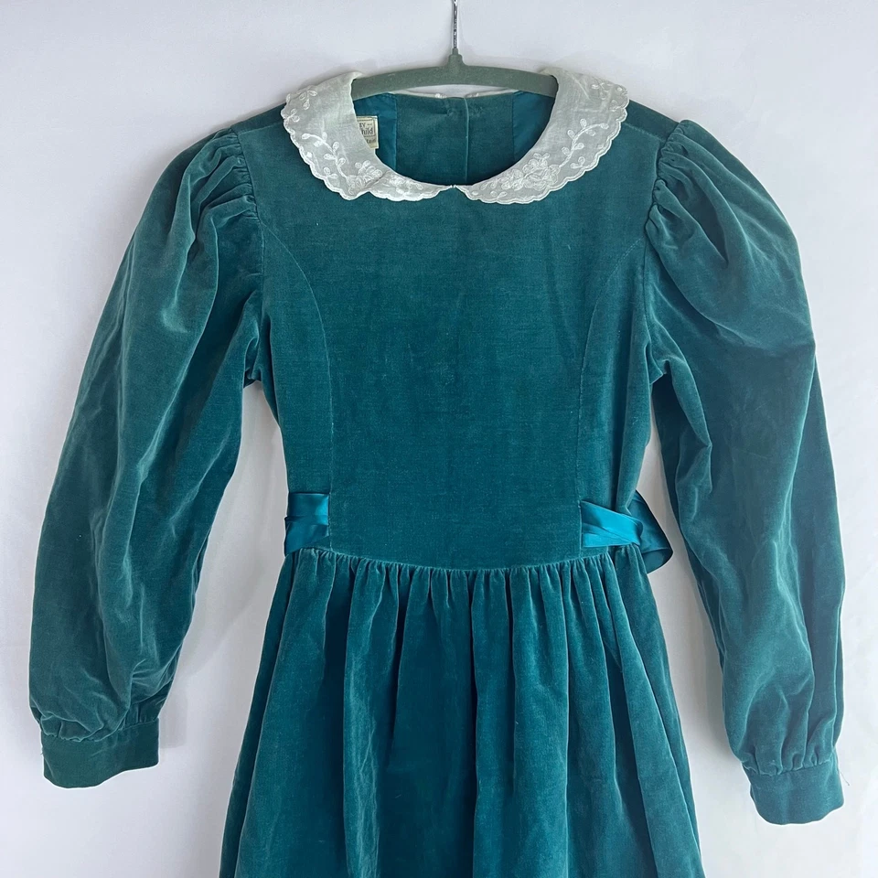 Vintage Laura Ashley Madre e Niño Terciopelo Manga Larga Blet Verde Niña Talla 7-8 Foto 3 de 4