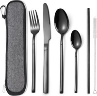 Reisebesteck Set 6-Teilig Edelstahl Mit Etui Schwarz FüR Camping Arbeit 1 Person