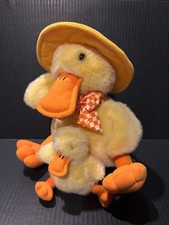 Vintage 1997 Avon Mother Duck and Duckling Plush Set Yellow Gingham Bow 9 Inch