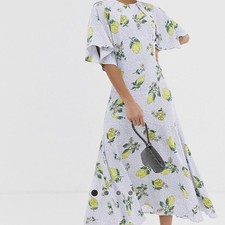 🍋 Never Fully Dressed Lemon Print Long Flutter Sleeve Crew Neck Dress UK M 🍋