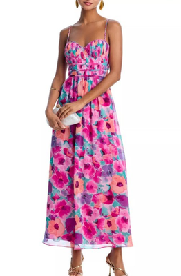 #ad AQUA Bloomingdale#x27;s Pleated Tiered Floral Maxi Dress Purple Multi XXL NWT $118 $74.99