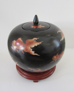 VTG Neiman Marcus Hong Kong Asian Chinoiserie Black Koi Qing Ginger Jar
