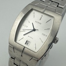 Guess Quartz Watch G85493G Men Silver Steel Barrel Japan Analog New Batter 6.75"