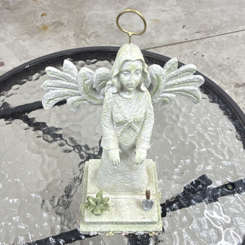 White Resin Angel Garden Figurine "Bless This Garden" Textured Finish