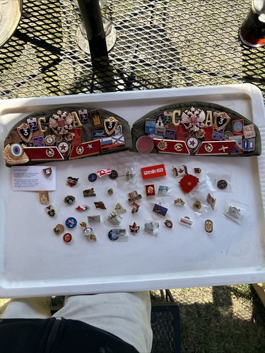 Rare Vintage USSR/Russian Military Hat With Many Pins, Patches + Medals - NICE!!