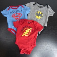 3pc Justice League Baby Boys 6  9M Superman, Batman  Flash Superhero Bodysuits