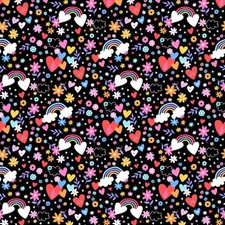 Playtime Hearts  Rainbows Black Flannel Fabric