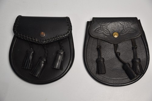 2 Scottish Kilt Sporran Black Leather Celtic Knots & Design from Scotland Pouch