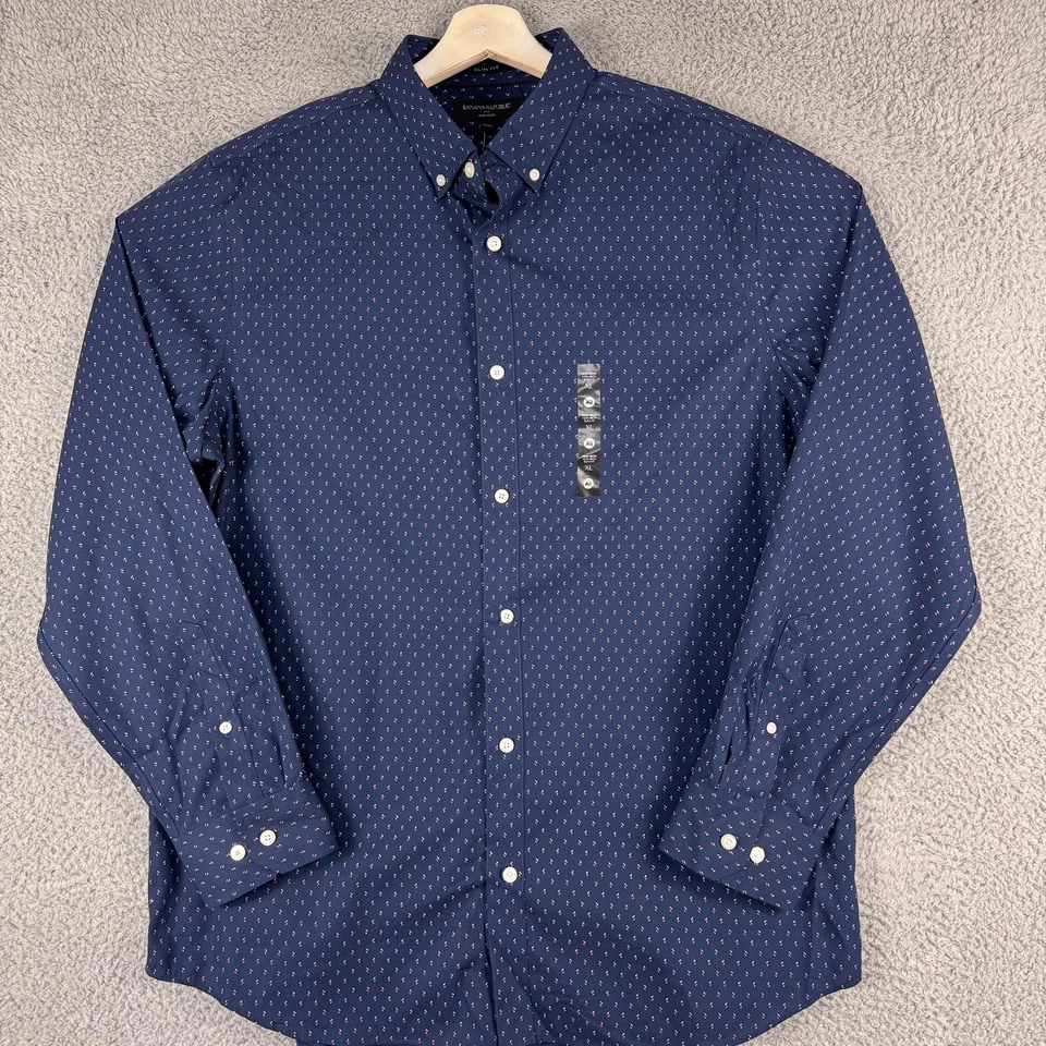 Camisa Banana Republic Para Hombres XL Azul Sin Hierro Calce Ajustado Patrón Vestido con Botones Foto 2 de 4