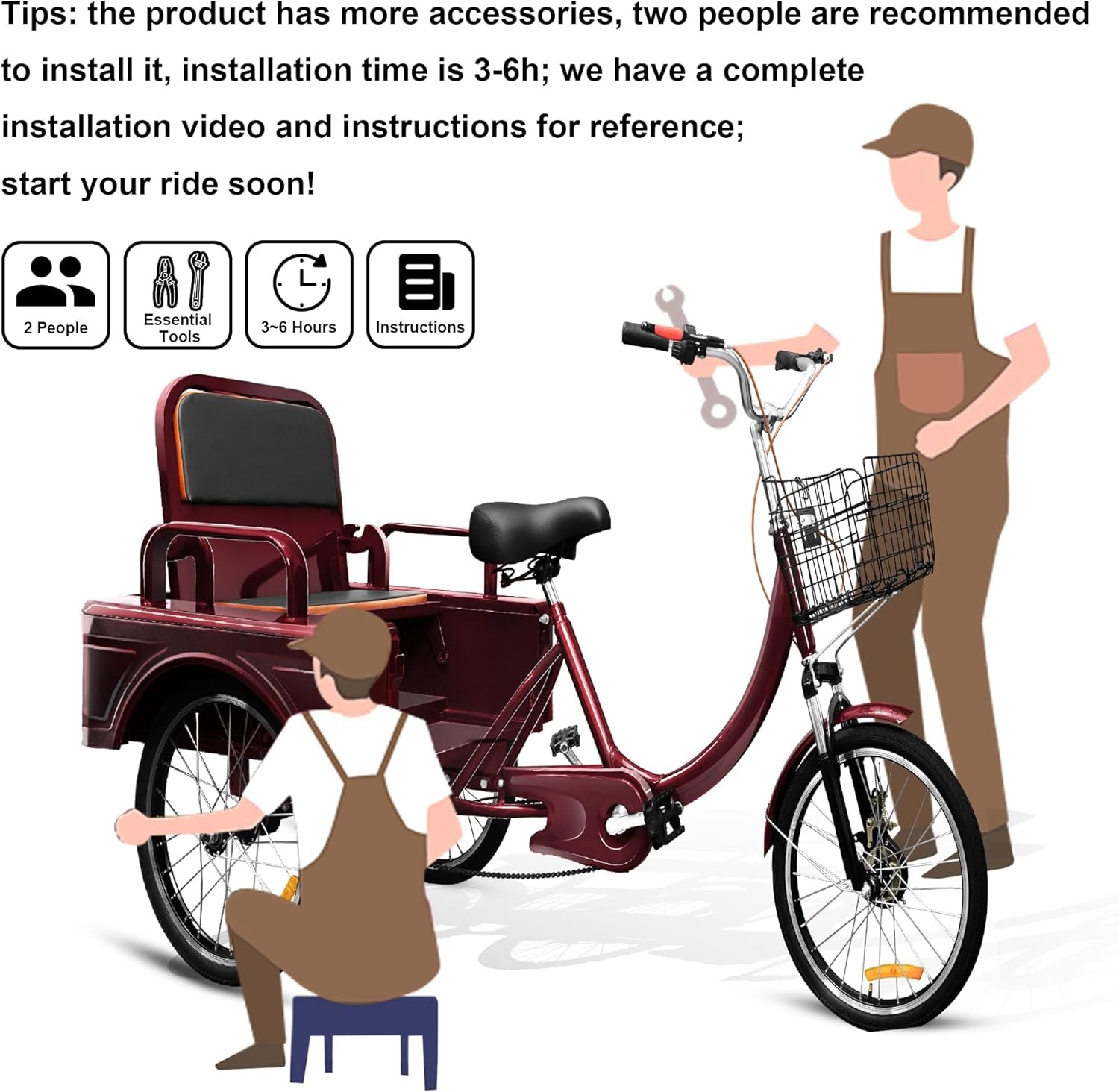 20" Adult Tricycle 3-Wheel Passenger Trike w/Basket Rear Cargo Seat for 2 Kids