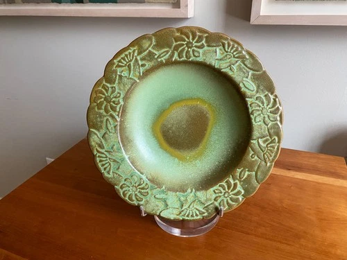 Frankoma Green Flower Rimmed 10" Soup Bowl