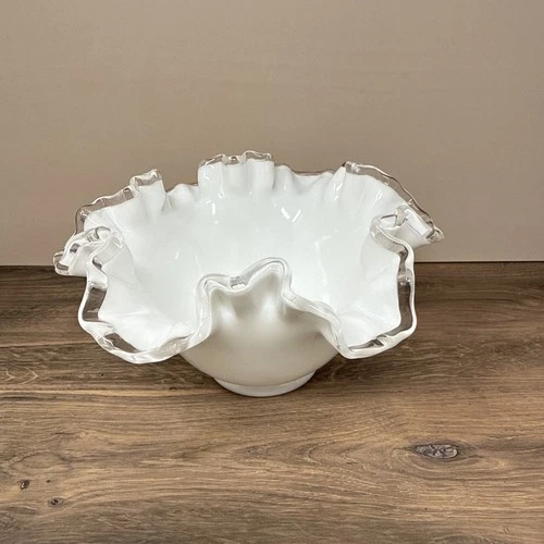 Vintage Art Glass Fenton Silver Crest Ruffled Edge Bowl Milk Glass Clear Rim