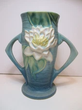 Vtg 1940s Roseville Art Pottery USA 72-6" Water Lily Two Handled Vase Blue