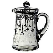 ATQ Silver Overlay Milk Pitcher Etched Glass Floral Victorian Art Nouveau 4.125"
