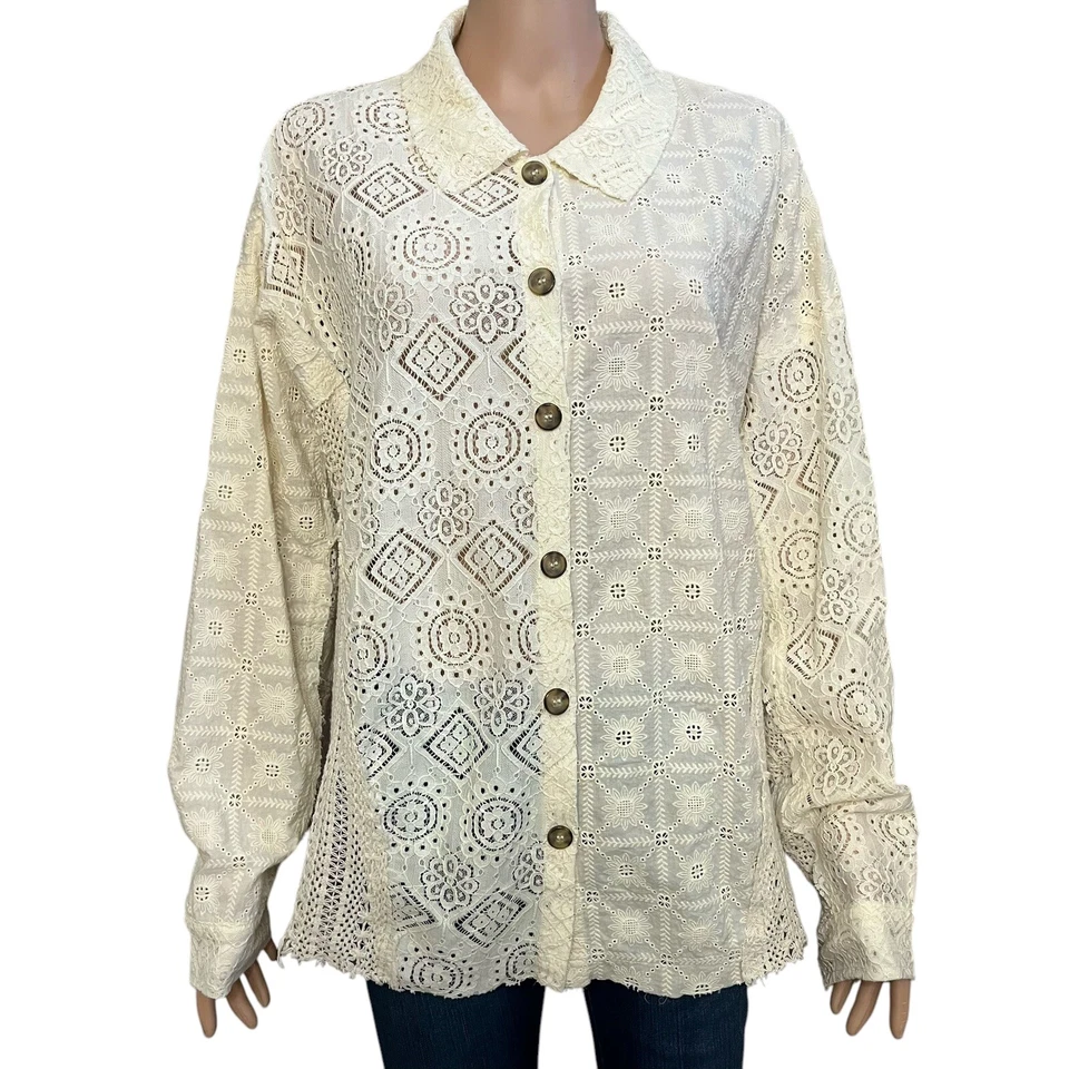 Miss Me Crochet Lace Blouse Large Mixed Materials Boho Eyelet Embroidered Retro