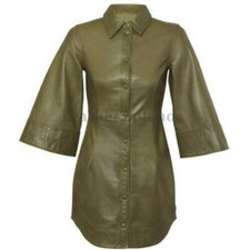 Women's Genuine Lambskin Leather Green Dress Handmade Casual Stylish Party Wear