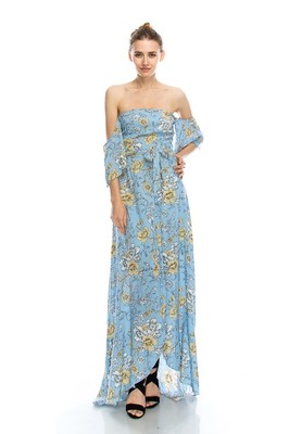 blue off the shoulder maxi dress