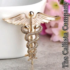 7.7K+ Sold CADUCEUS LAPEL PIN GOLD W/WH ENAMEL WINGS, FOR MEDICAL PROFESSIONALS✓