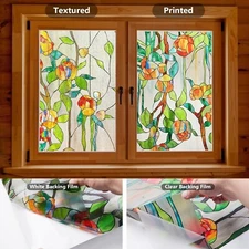 Window Privacy Film Stained Glass Faux 3D Rose Decorative UV Sun Blocking Static