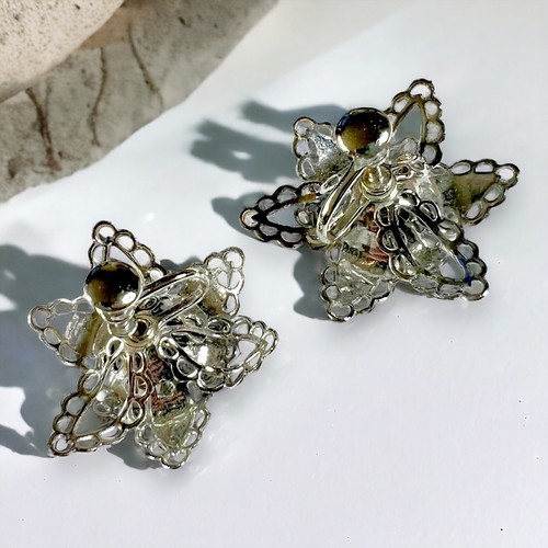 Blue Enamel Flower Earrings Screw Back Silver Tone Rhinestone 1950s Vintage - Picture 4 of 9