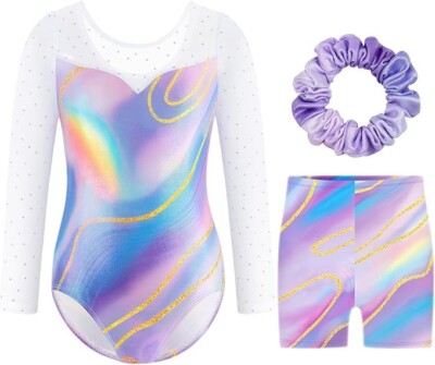 Turnanzug für Mädchen mit Shorts Set, Langarm Tanz Glitzer Turnanzug