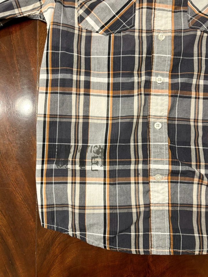 Helix 男孩纽扣衬衫 L 灰色金色格子图案印花 — 第 2/4 张图片