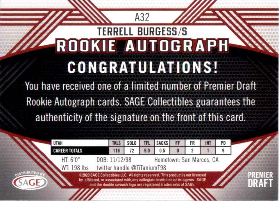 2020 Sage HIT Premier Draft Auto TERRELL BURGESS RC Auto Las Vegas Raiders #A32 - Image 2 of 2