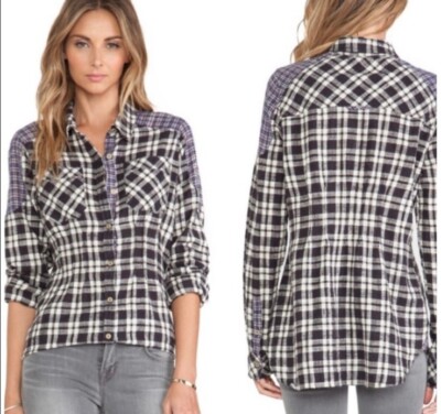 Women's Free People Catch Up With Me Black Combo Plaid L/S Shirt Size Small EUC