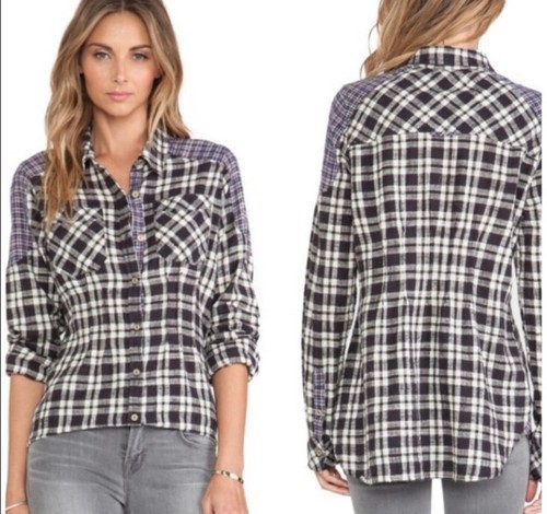 Women's Free People Catch Up With Me Black Combo Plaid L/S Shirt Size Small EUC - Picture 1 of 9