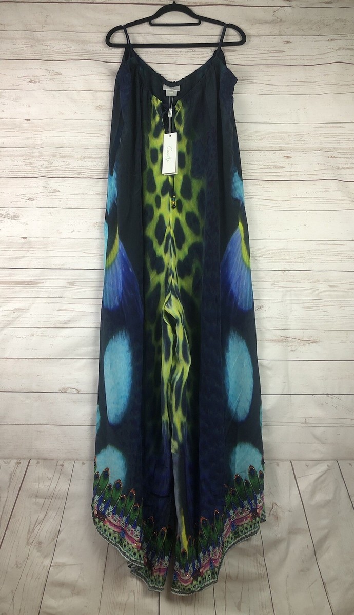 Camilla Sz M JADE Wide Leg Jumpsuit 100% Silk Crystal Shoestring