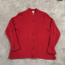 LL Bean Cotton Fisherman Cardigan Sweater L Cable Knit Preppy Classic Casual Red